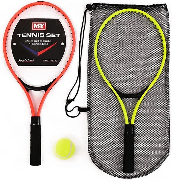 M-Y Tennis Set with orange framed racket, yellow framed racket stored in black mesh drawstring carry bag, and yellow-green tennis ball