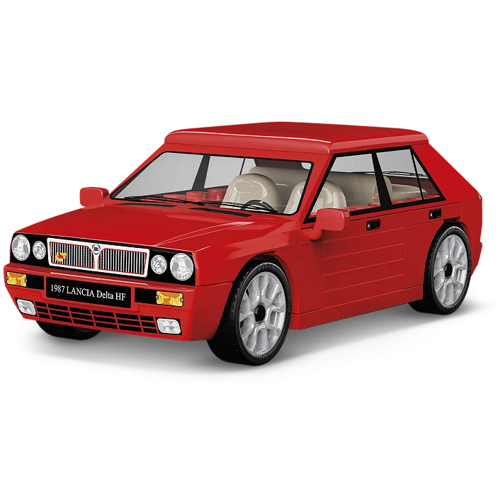 Red COBI Lancia Delta HF building block model viewed from the front and side