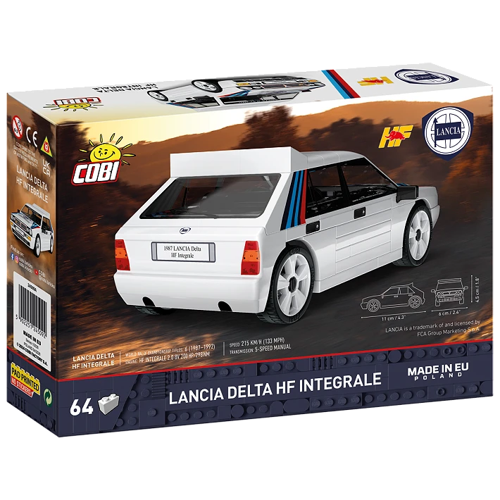 COBI Lancia Delta HF Integrale 64 piece building set box back with white model car