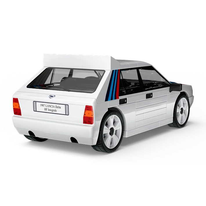 White COBI Lancia Delta HF Integrale model with red and blue graphics viewed from the rear and side