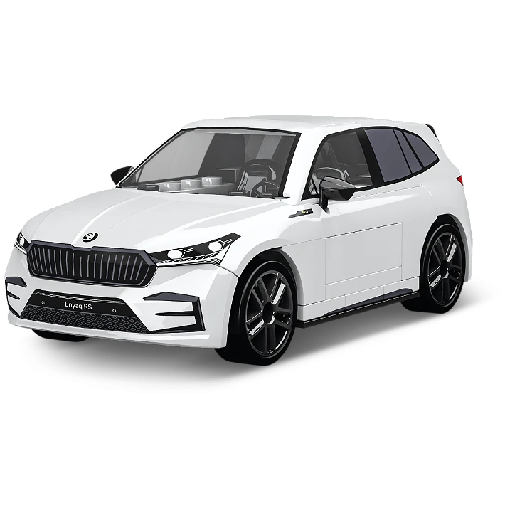White COBI Škoda Enyaq RS building block model viewed from the front and side
