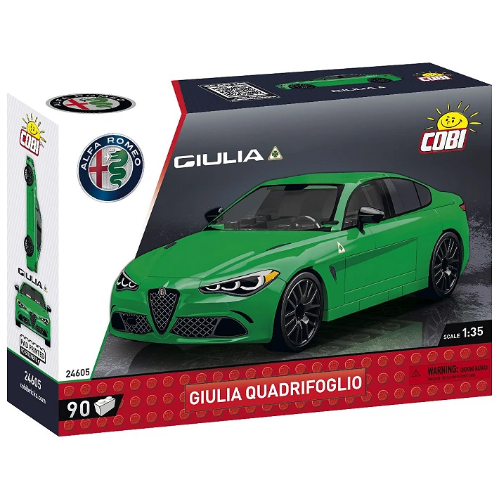 COBI Alfa Romeo Giulia Quadrifoglio 90 piece building set box front with green model car