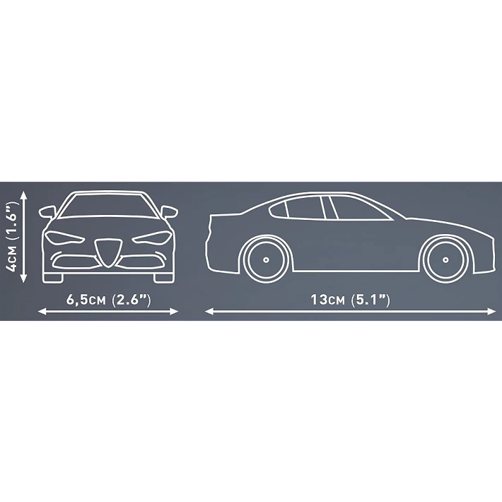 COBI Alfa Romeo Giulia Quadrifoglio dimensions showing 13 cm length, 6.5 cm width and 4 cm height
