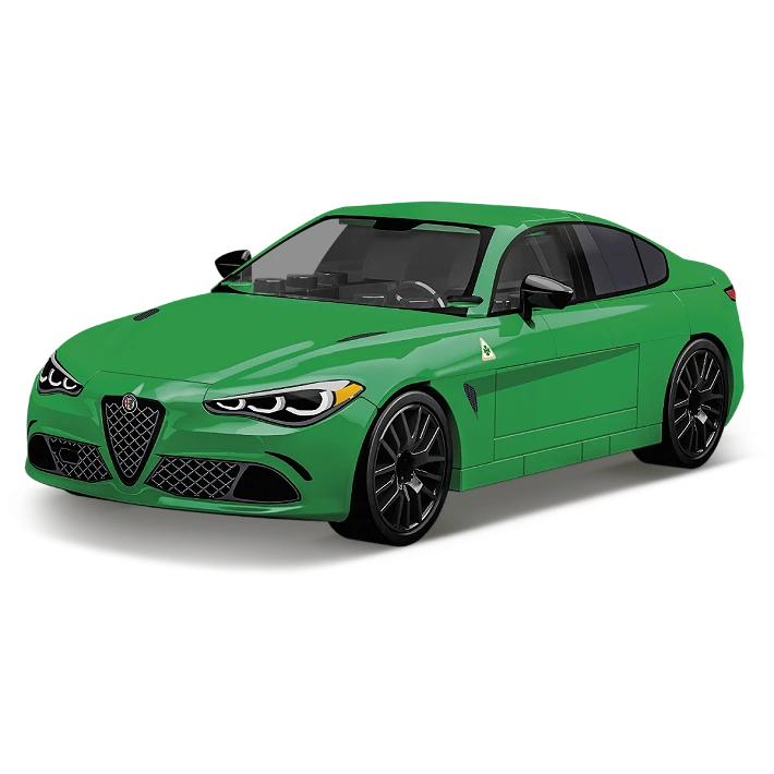 Green COBI Alfa Romeo Giulia Quadrifoglio model viewed from the front and side