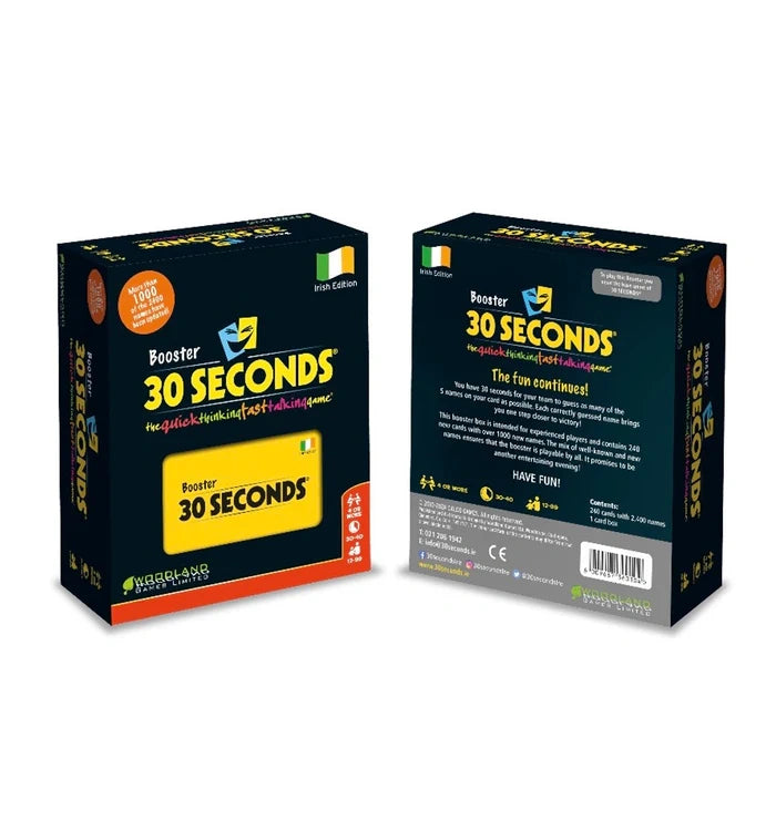 30 Seconds Booster Irish Edition box shown front and back, including 240 cards and 2,400 names description panel and Woodland Games Limited branding
