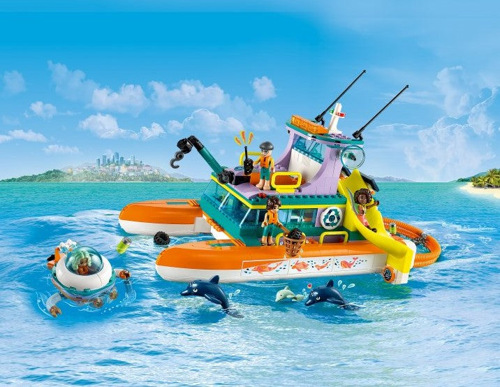 Toy boat with figures and accessories on a blue water background