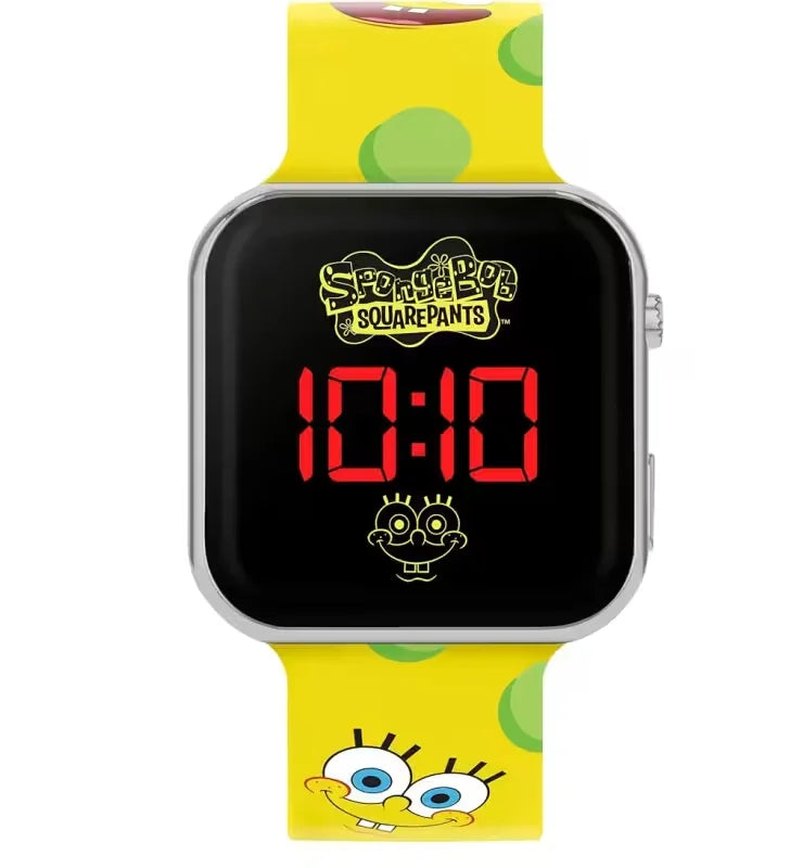 Close-up of SpongeBob SquarePants LED watch face with red digital time and character artwork in Ireland.