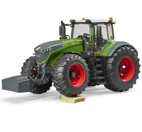 Bruder Fendt 1050 Vario model tractor with green and gray body and red wheels on a white background