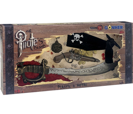 Pirate-themed toy set packaging with weapons and a flag, featuring Gonher branding.