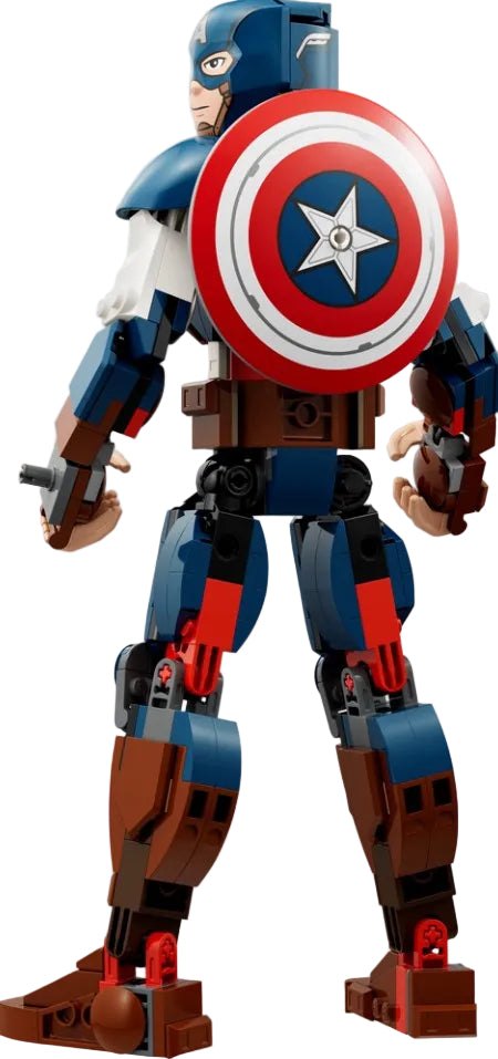 LEGO figure of Captain America superhero with his shield on a white background