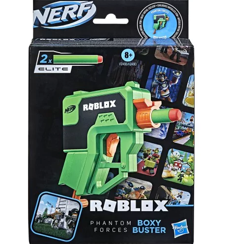 Nerf Roblox Phantom Forces Boxy Buster toy gun packaging with Roblox branding.