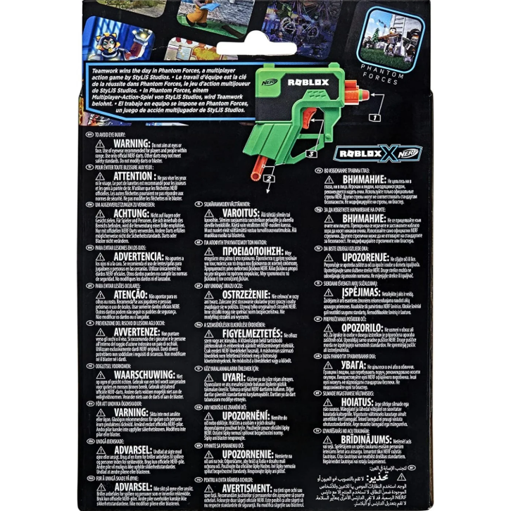 Toy gun packaging with multiple language warnings on a black background