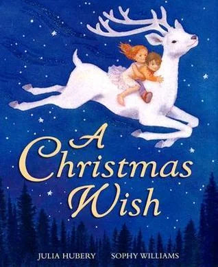 Detail view of A Christmas Wish picture book cover with children riding a white reindeer