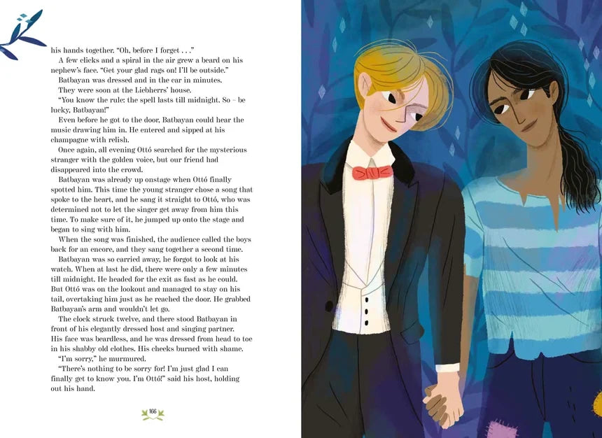 A Fairytale for Everyone illustrated book spread showing two characters holding hands, one in a dark suit with a red bow tie and one in a blue striped top