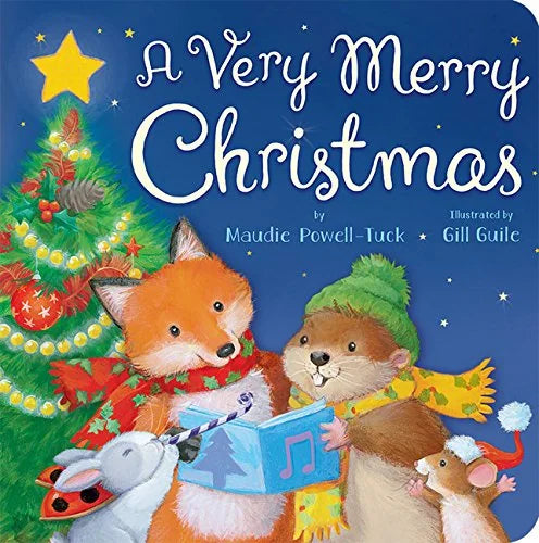 A Very Merry Christmas book cover illustration with woodland animals celebrating Christmas