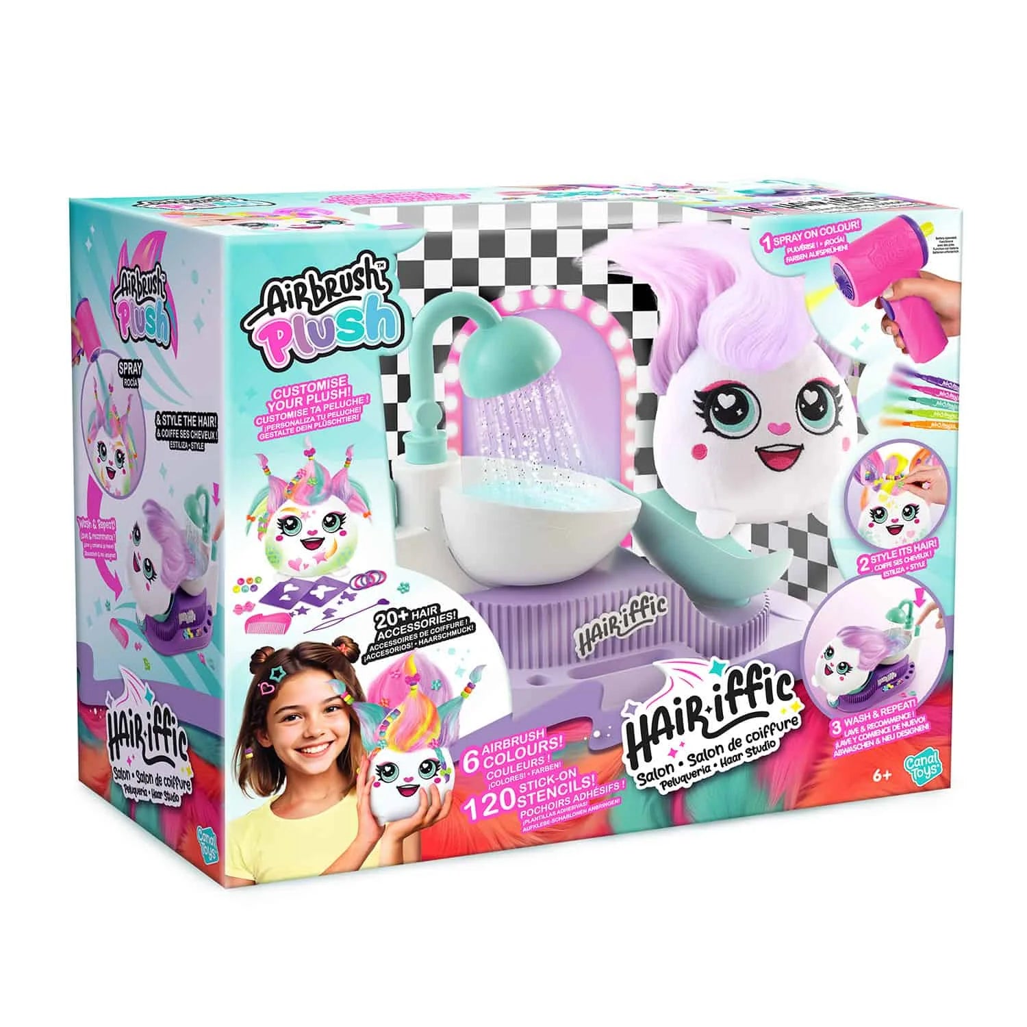Airbrush Plush Hair’iffic Salon box with styling setup, accessories, and plush character – Ireland