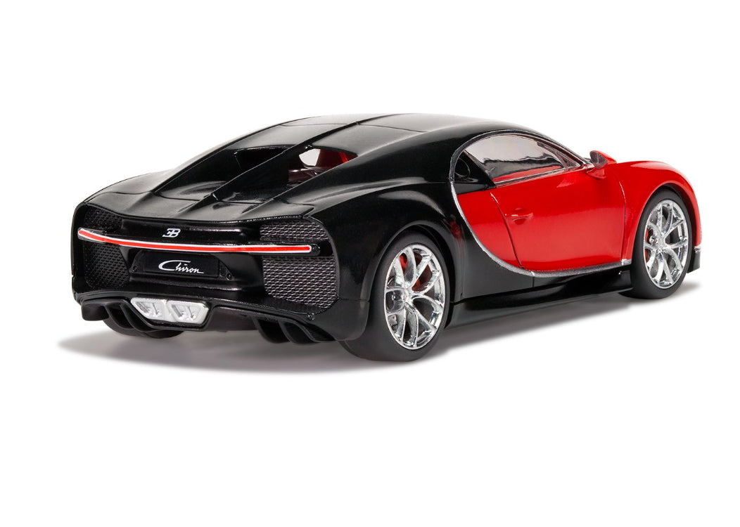 Assembled Airfix Bugatti Chiron model shown from a rear three-quarter angle with black rear bodywork, rear light strip, exhaust detail, and chrome wheels