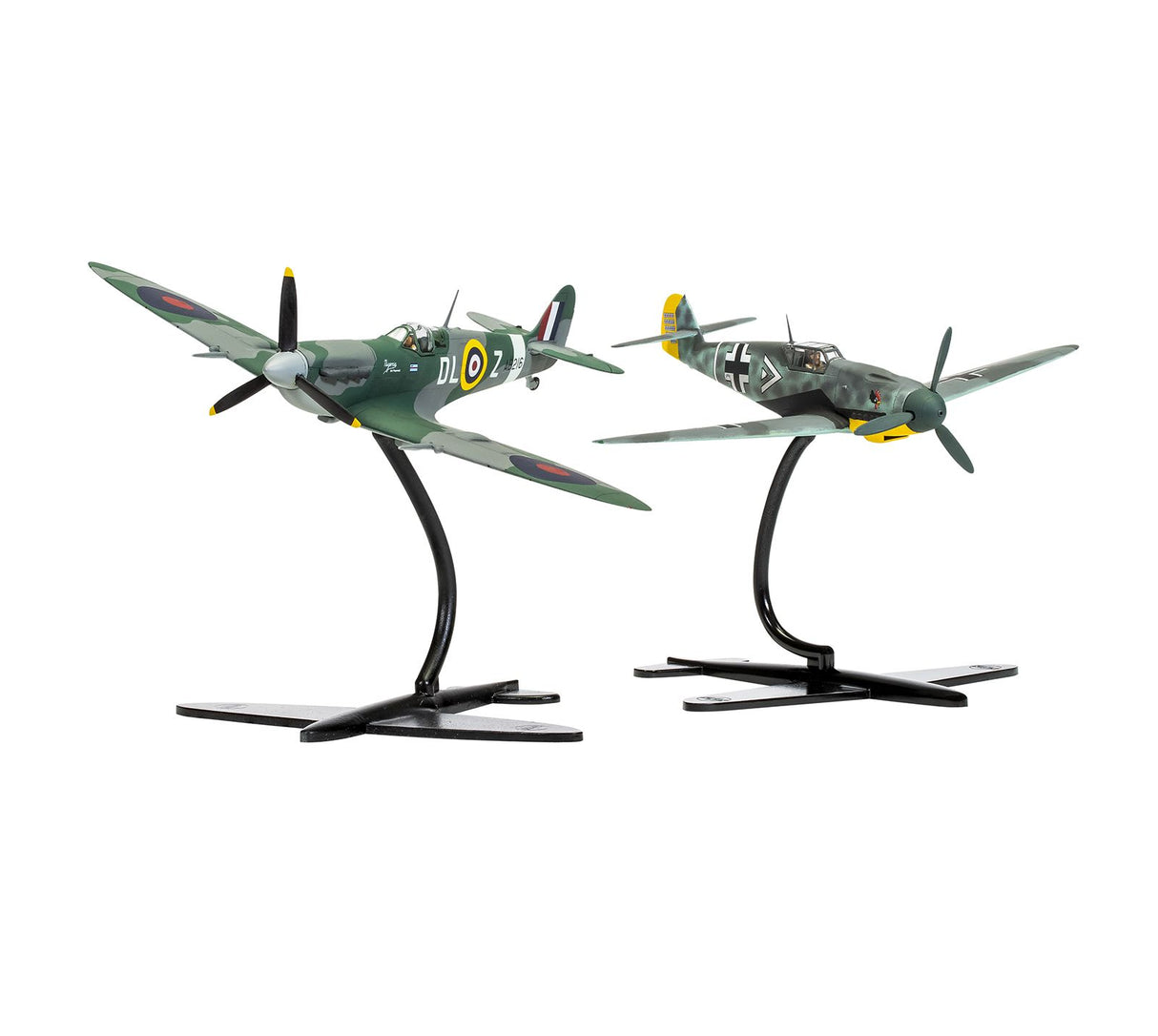 Forward angled view of assembled 1:72 scale Supermarine Spitfire Mk.Vc and Messerschmitt Bf109F-4 aircraft models mounted on display stands