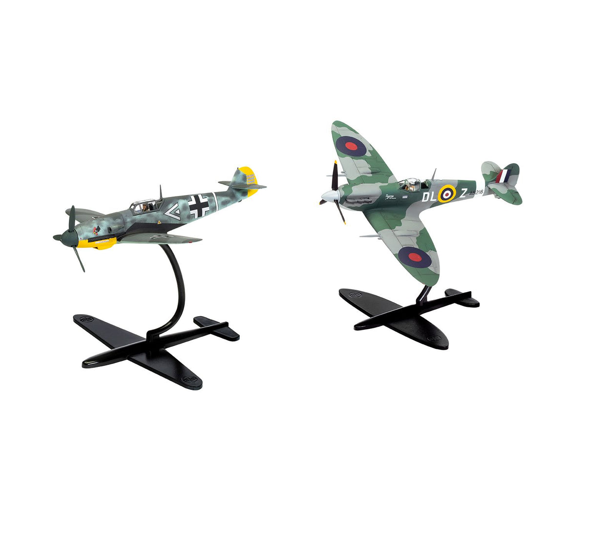 Two assembled 1:72 scale aircraft models showing a Supermarine Spitfire Mk.Vc and a Messerschmitt Bf109F-4 mounted on display stands against a white background facing left.