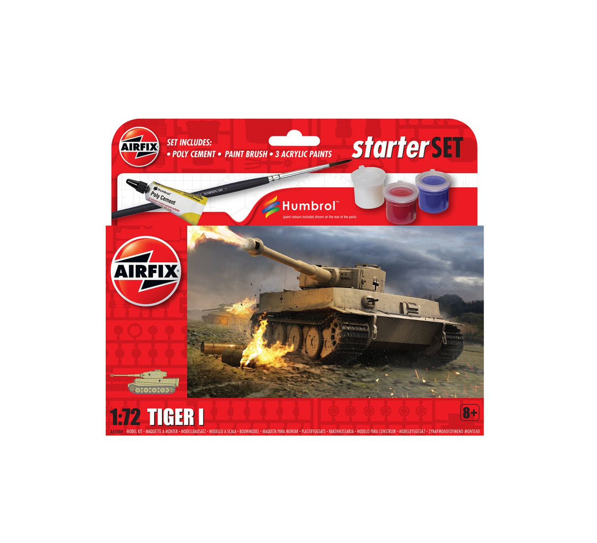Airfix Tiger I Starter Set box showing Tiger tank illustration, Airfix branding, Starter Set text and included paint, brush and cement pictured on the packaging