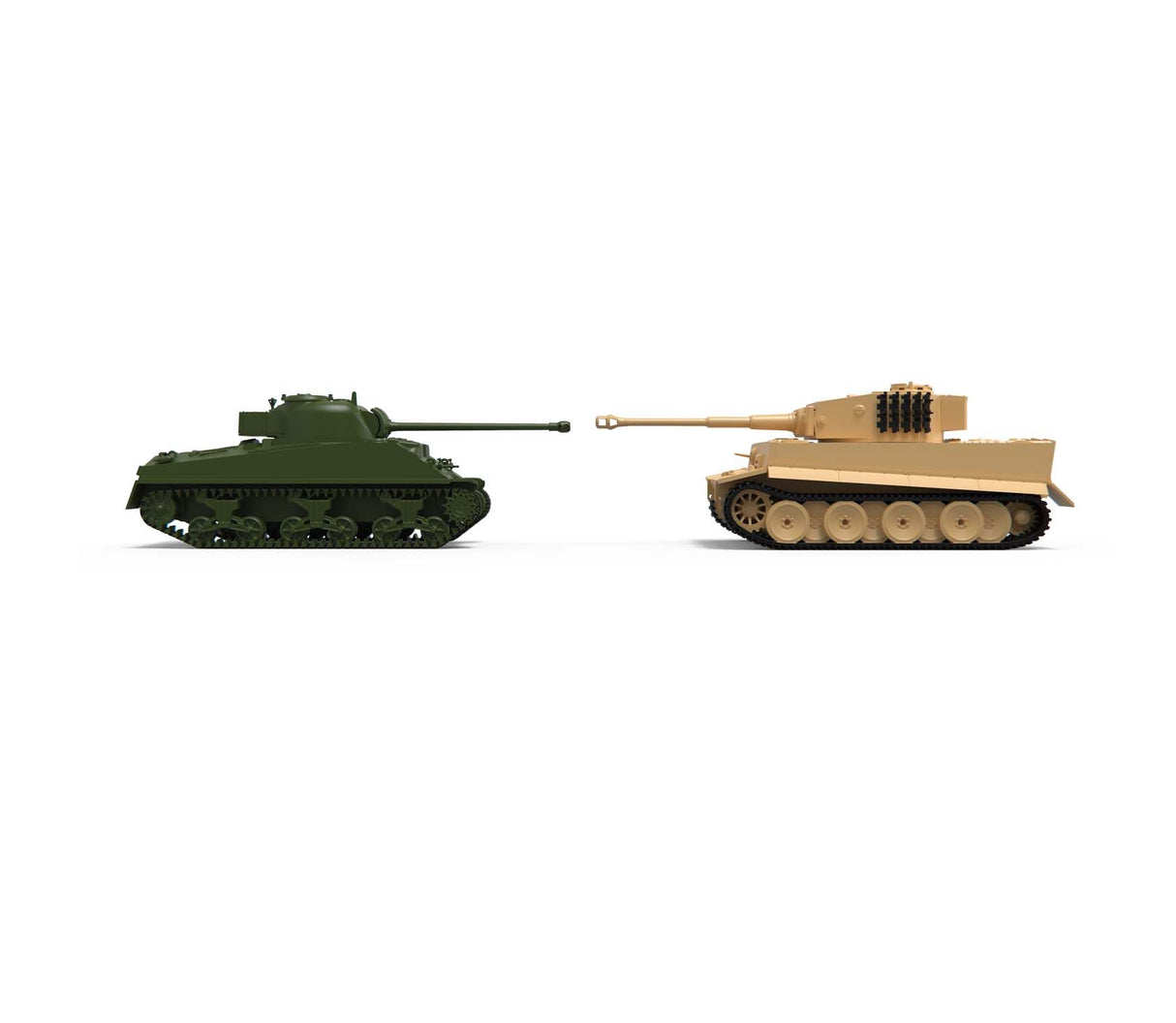 Side profile view of assembled 1:72 scale Tiger 1 and Sherman Firefly tank models positioned facing each other on a white background