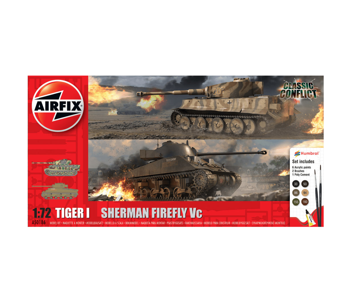 Airfix Classic Conflict Tiger 1 vs Sherman Firefly model kit retail box showing illustrated combat artwork and contents information