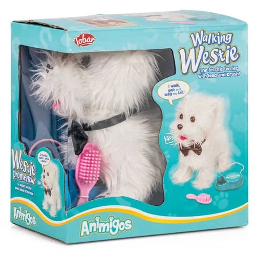 Animigos Walking Westie plush dog toy in box with remote control lead and brush accessory in Ireland