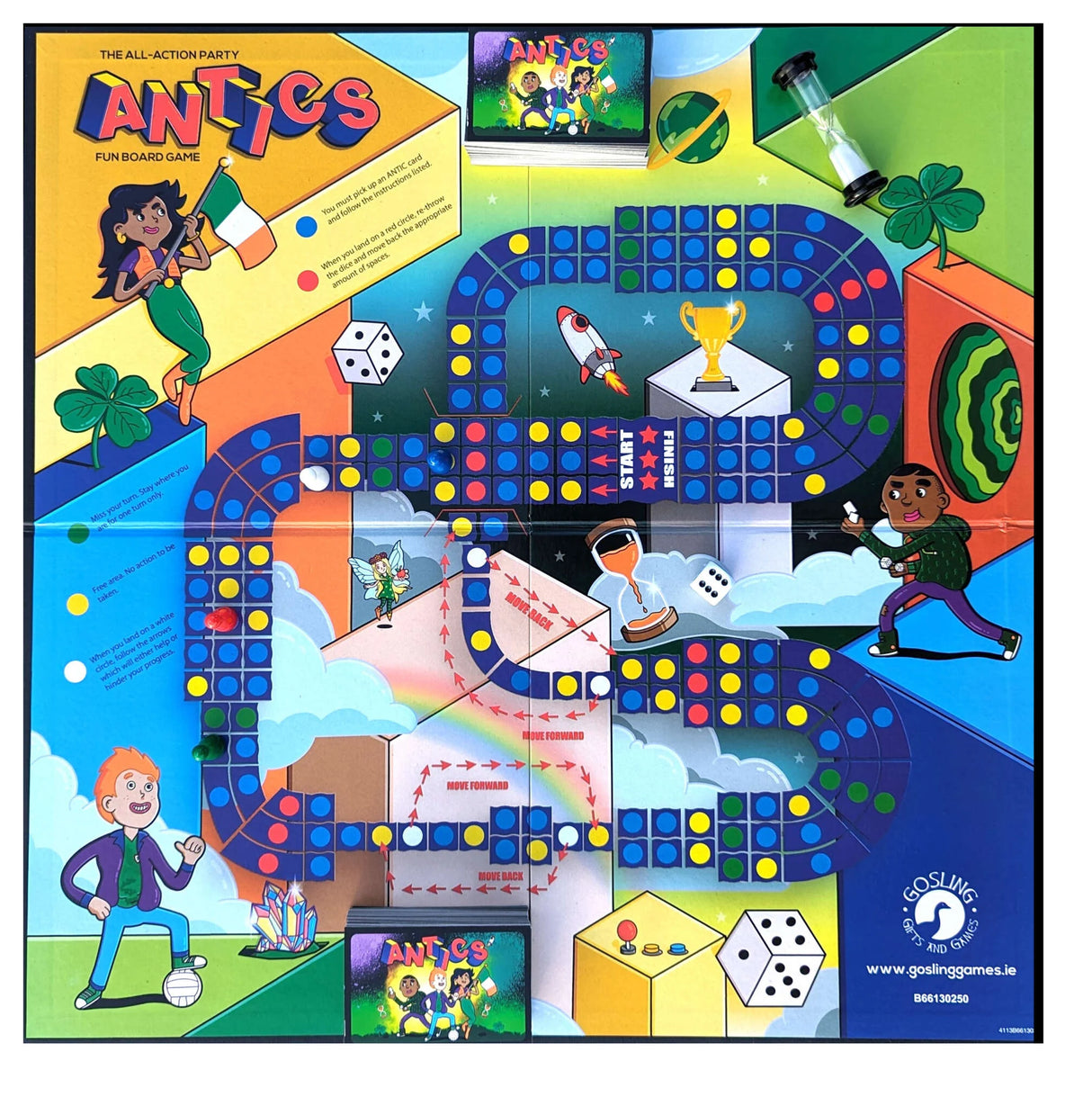 Antics Board Game board layout with dice and card deck Ireland