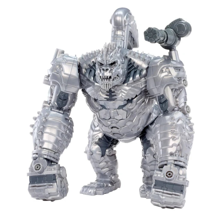 Armorsaurs King Chrome silver armoured villain figure with mechanical limbs, oversized fists, skull-like face and a large weapon extending above its right shoulder.