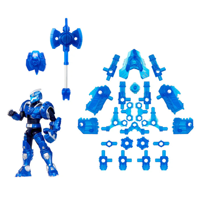 Armorsaurs Triceratops Pilot TJ figure beside blue armour parts and accessories