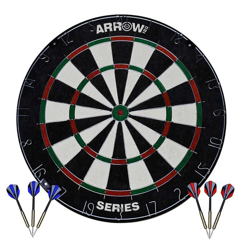Arrow180 Series 1 bristle dartboard shown from the front with black and white scoring segments, red and green rings, three blue flight darts and three red flight darts.
