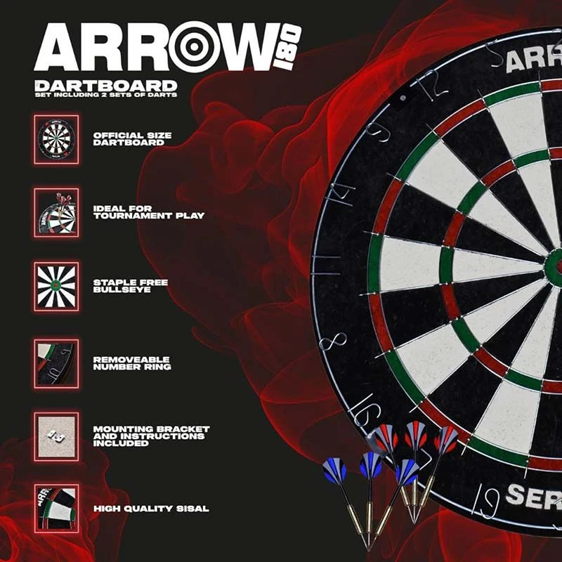 Arrow180 dartboard promotional graphic listing official size, tournament suitability, staple-free bullseye, removable number ring, mounting bracket and sisal construction.