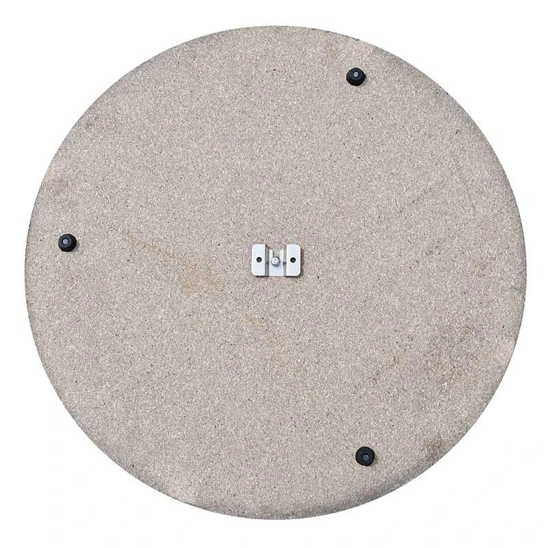 Rear of the circular Arrow180 dartboard showing its grey backing, central metal mounting bracket and three black support fittings.