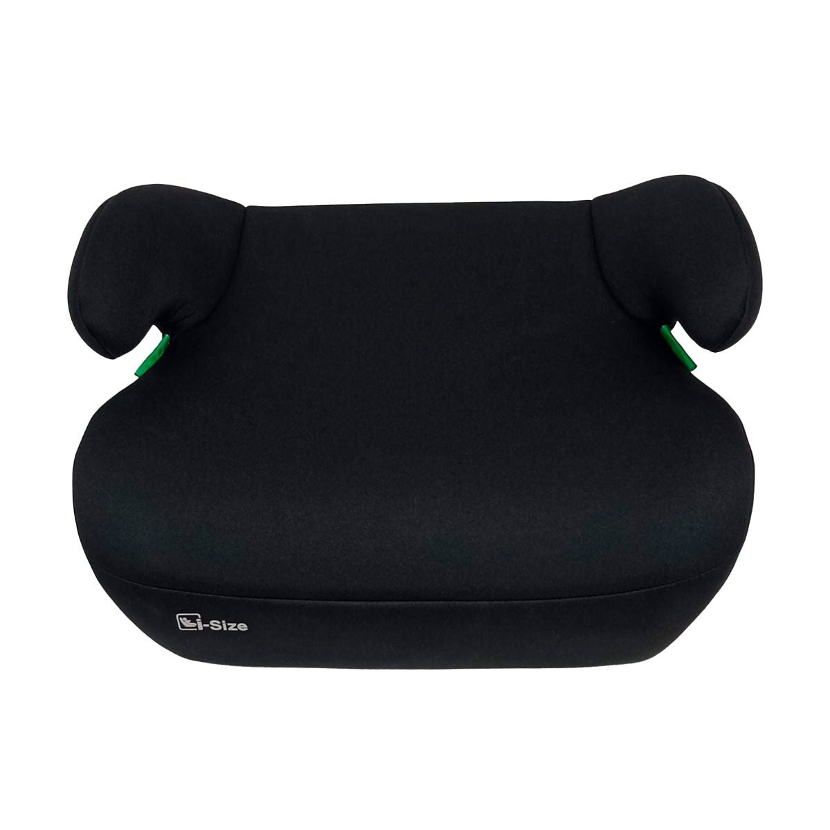 Black Asalvo CoreFix I Size booster seat shown from the front with wide seating area, raised armrests, and I Size label visible on the front edge