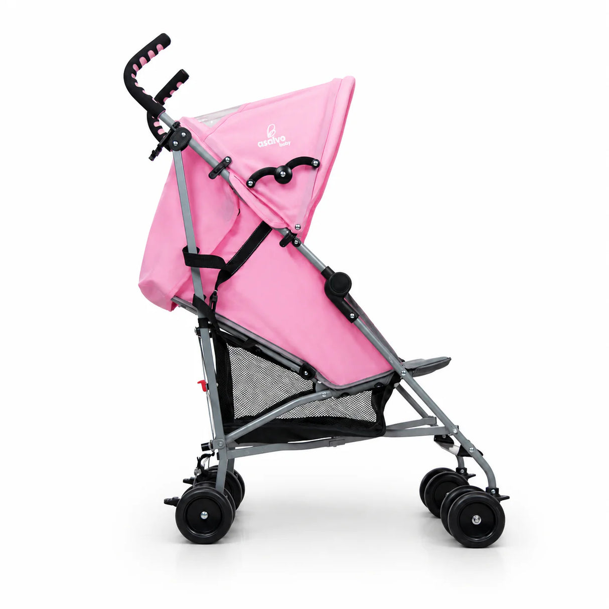 Asalvo Freedom Candy pink stroller side view showing canopy and rear frame