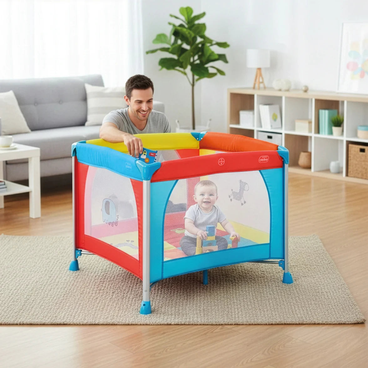 Asalvo Jungle aluminium playpen in living room with adult and child inside colourful net playpen