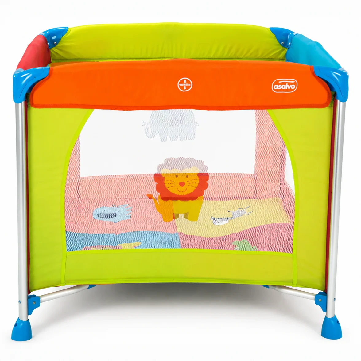 Asalvo Jungle aluminium playpen front view with orange and green panels, net sides and lion design