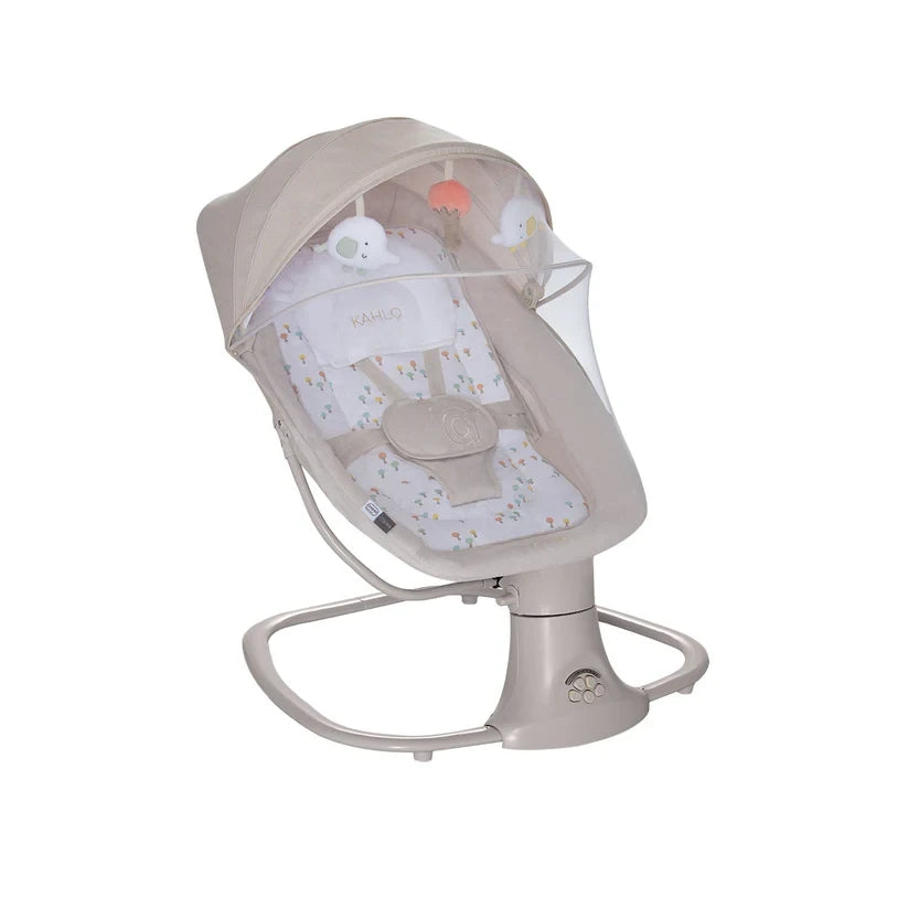 Asalvo Kahlo Trees baby bouncer angled view with canopy, toy bar and safety harness