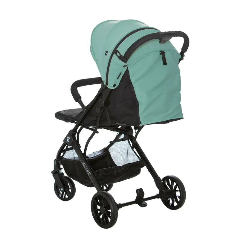 Asalvo Kubic 2 green and black stroller rear angle view with canopy, handlebar and basket