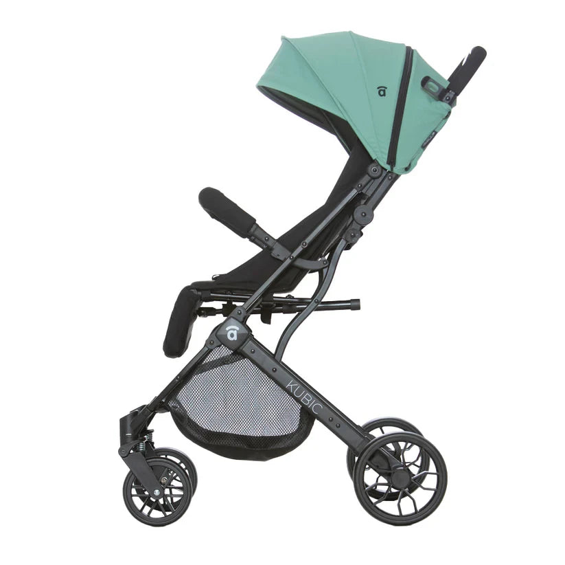 Asalvo Kubic 2 green and black stroller side view with canopy open, safety bar and storage basket