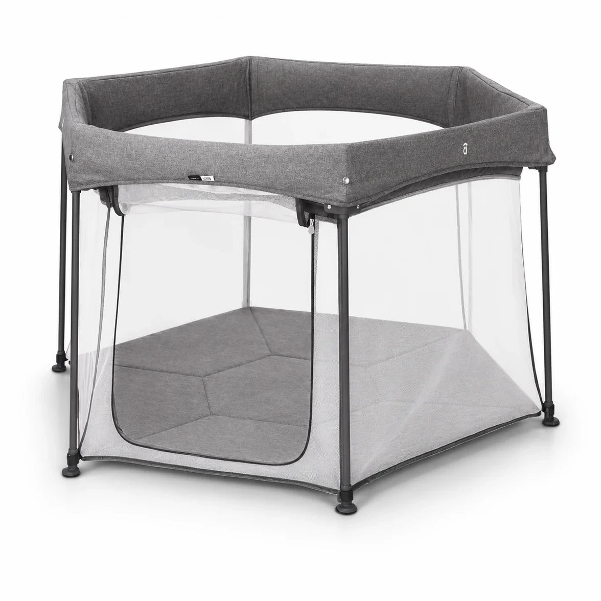 Asalvo Luxemburgo Playpen front angle view showing grey fabric frame and mesh side panels