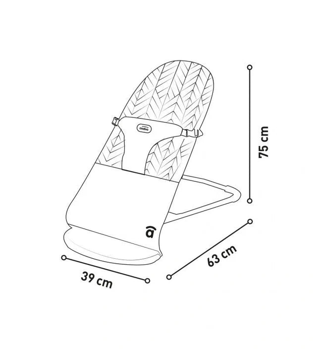 Asalvo Paradise baby bouncer dimensions diagram showing 39 cm width, 63 cm depth and 75 cm height