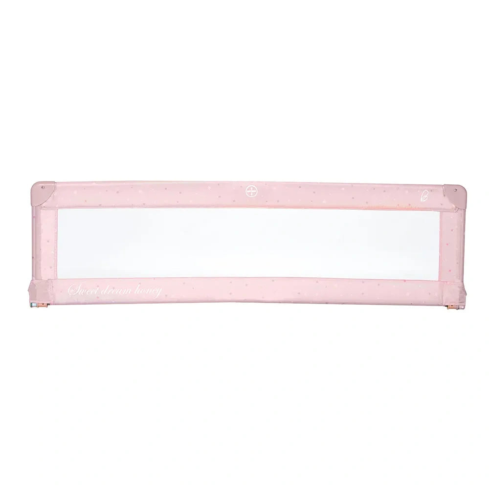 Asalvo Pink Star Bedguard 150cm shown fully extended in soft pink fabric with star pattern, mesh centre panel, and right side mounting section visible