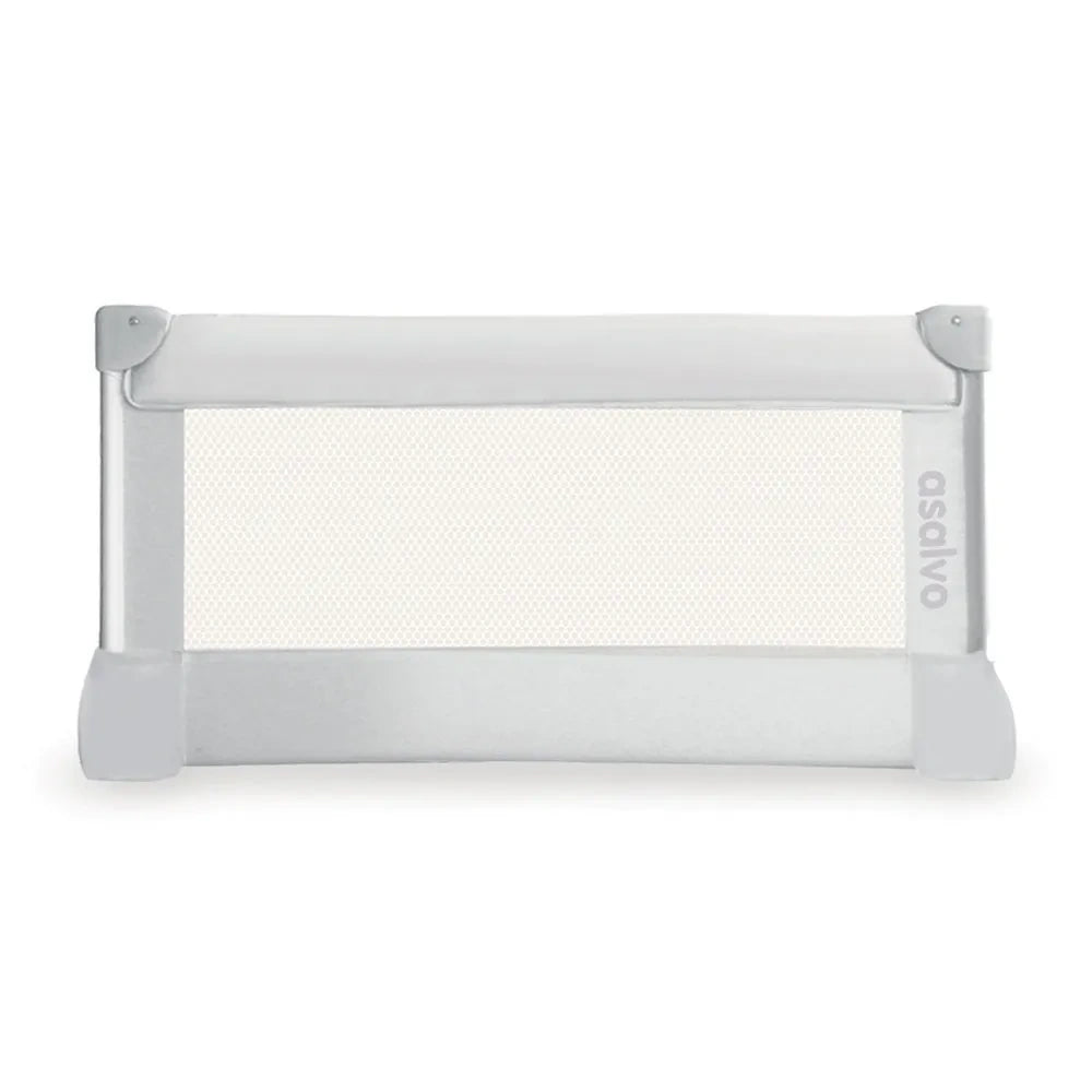 Asalvo Small Bedguard 90cm in light grey with mesh panel and padded frame, shown fully assembled against a white background