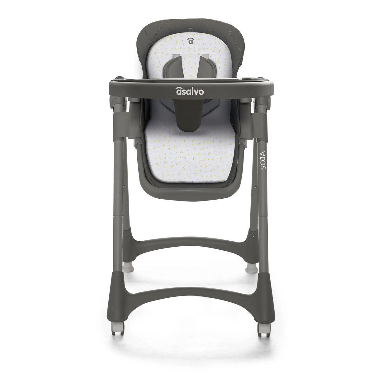 Asalvo Soja Mimosa Highchair front view showing Asalvo tray, cushioned seat, harness and wheels