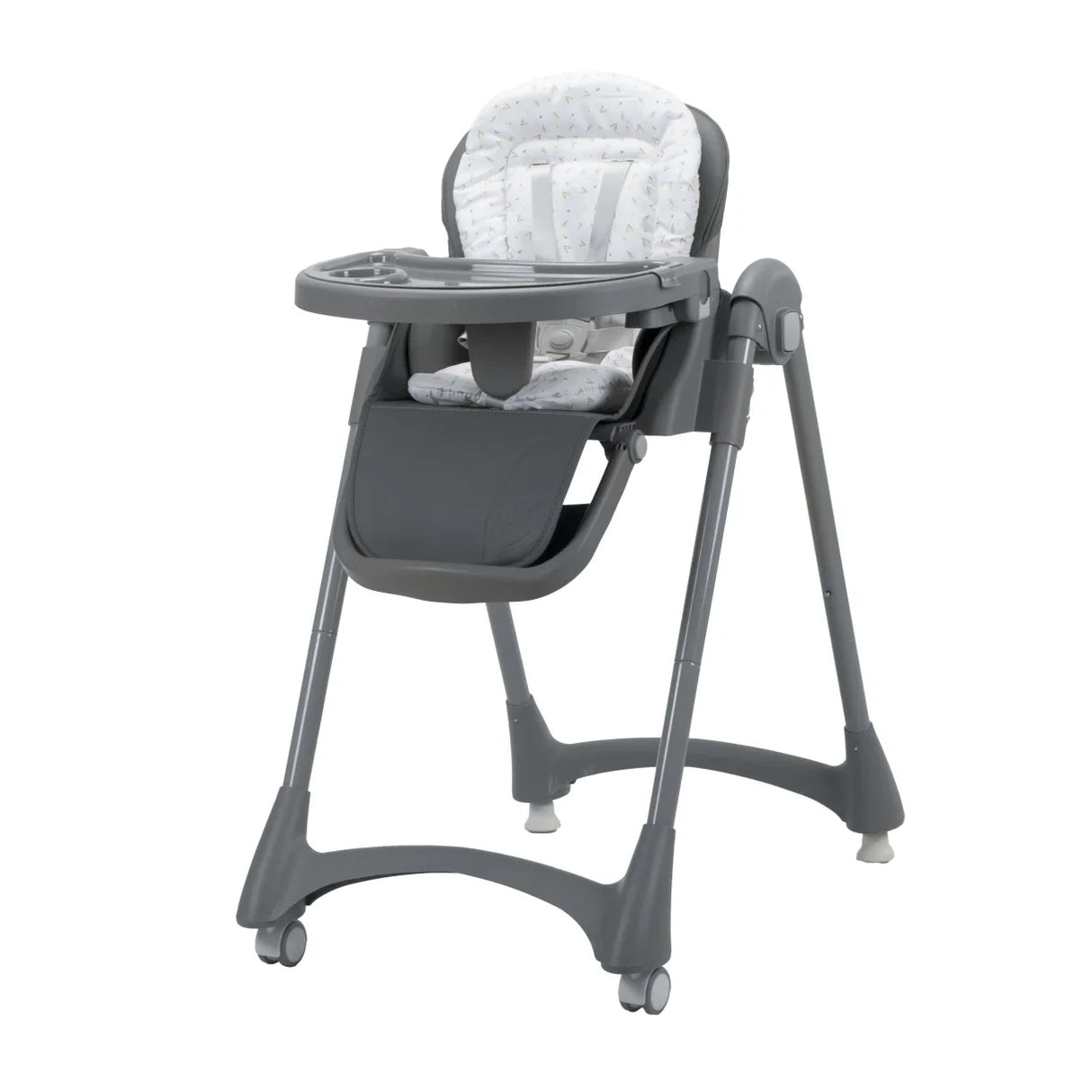 Asalvo Soja Mimosa Highchair front view showing tray, seat cushion, harness and grey frame