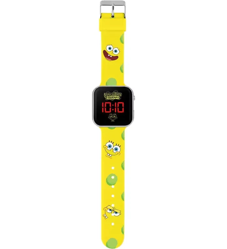 Full front view of SpongeBob SquarePants LED watch showing yellow printed strap and red digital display in Ireland.