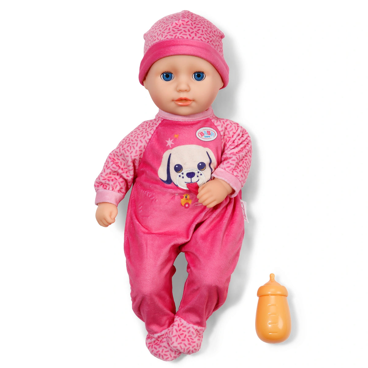 Baby Born Anna Pink 36cm in pink dog print romper and matching hat with orange bottle beside her