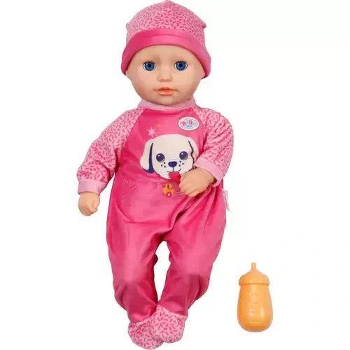 Baby Born Anna Pink 36cm front view with blue eyes, pink outfit and feeding bottle