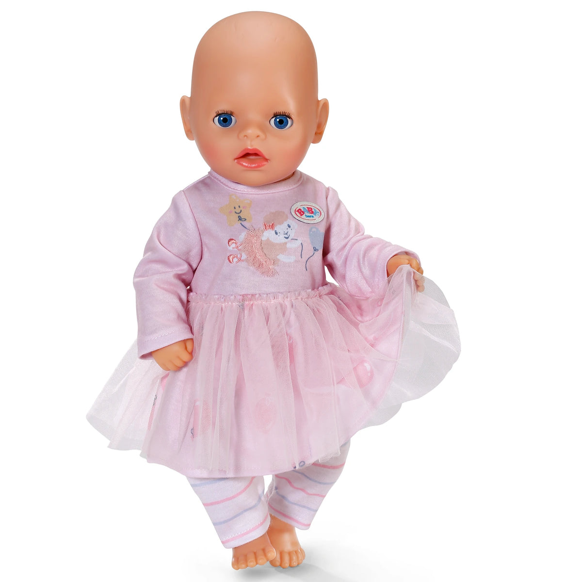 Baby Born Dress Rose 36cm pink tulle dress and striped leggings worn by baby doll